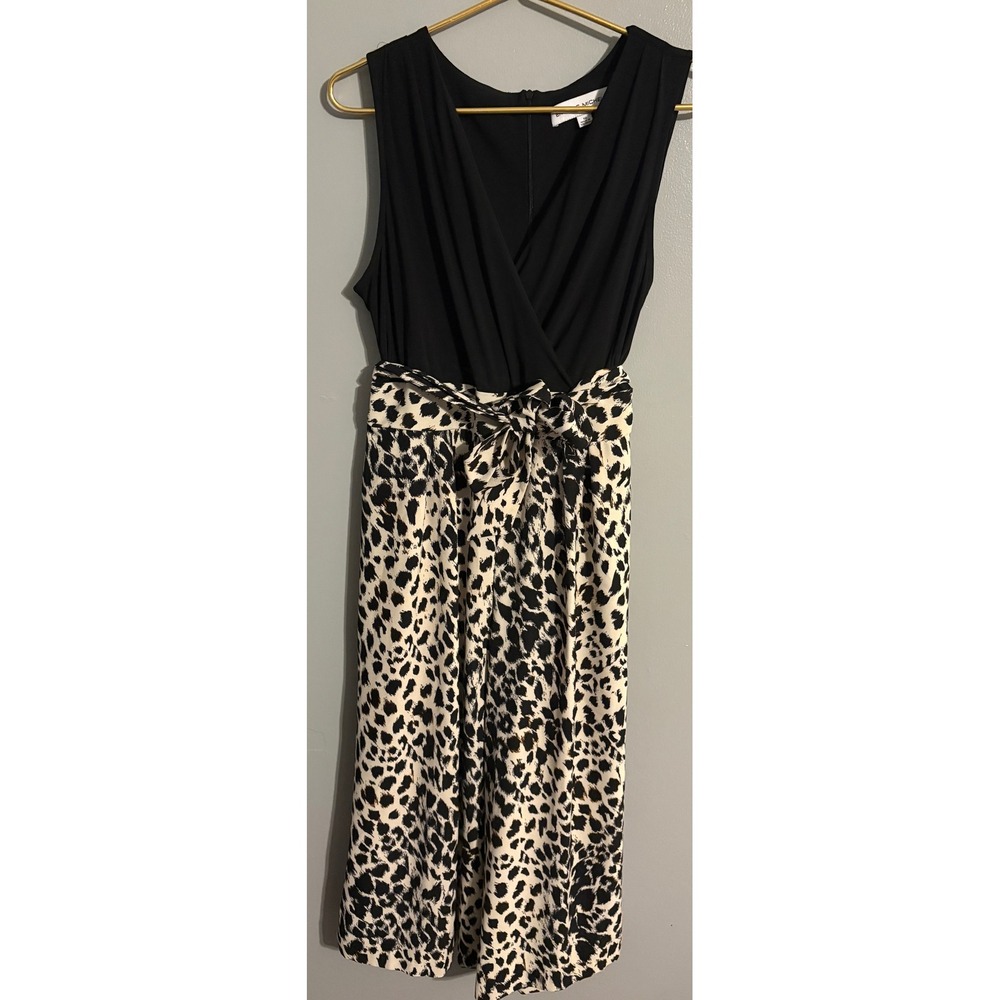 Emma & Michele Black Leopard Print Wide Leg Jumpsuit Size 10 Sleeveless Belted
